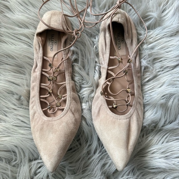 VALENTINO GARAVANI Suede Rockstud Lace-Up Ballet Flats Size 37.5 (7.5) - Picture 4 of 12